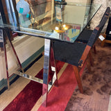 GLASS TABLE W SAWHORSE BASE