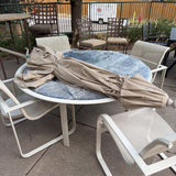 BROWN JORDAN PATIO TABLE 4 CHAIRS W UMBRELLLA & STAND