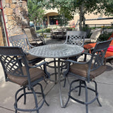 PATIO PUB TABLE W UMBRELLA & 4 STOOLS